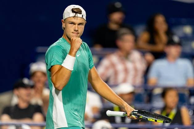 TORONTO, ON - AUGUST 09: Holger Rune of Denmark reacts after the second set during his second round match of the National Bank Open, part of the Hologic ATP, Tennis Herren Tour, at Sobeys Stadium on August 9, 2023 in Toronto, Canada. (Photo by Julian Avram Icon Sportswire) TENNIS: AUG 09 National Bank Open EDITORIAL USE ONLY Icon2308098397