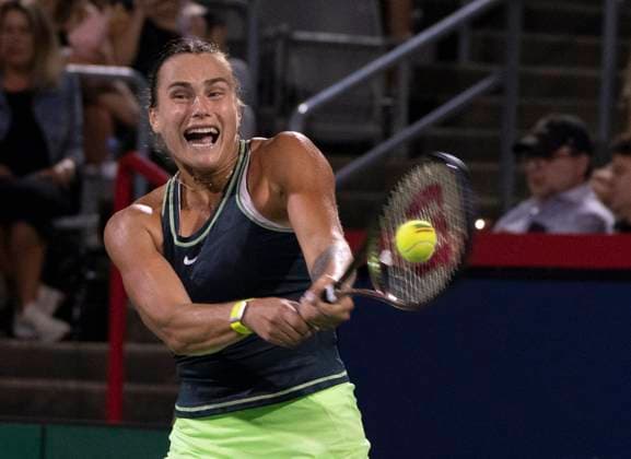 August 9, 2023, MONTREAL, PQ, Canada: Aryna Sabalenka of Belarus hits a return to Petra Martic of Croatia during the National Bank Open tennis tournament in Montreal, Wednesday, Aug. 9, 2023. Canada News - August 9, 2023  - ZUMAc35_ 20230809_zaf_c35_175 Copyright: xChristinnexMuschix
