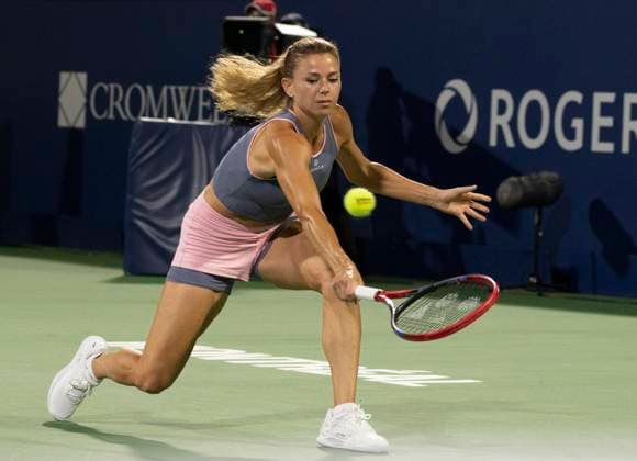 August 9, 2023, MONTREAL, PQ, Canada: Camila Giorgi of Italy hits a return to Petra Kvitova of the Czech Republic during the National Bank Open tennis tournament in Montreal, Wednesday, Aug. 9, 2023. Canada News - August 9, 2023  - ZUMAc35_ 20230809_zaf_c35_181 Copyright: xChristinnexMuschix