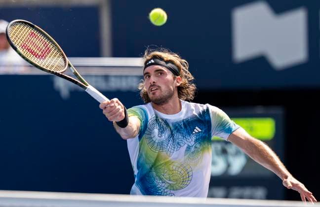 (230810) -- TORONTO, Aug. 10, 2023 -- Stefanos Tsitsipas competes during the men s singles round of 32 match between Stefanos Tsitsipas of Greece and Gael Monfils of France at the National Bank Open tennis tournament in Toronto, Canada, on Aug. 9, 2023. ) (SP)CANADA-TORONTO-TENNIS-NATIONAL BANK OPEN-MEN S SINGLES ZouxZheng 