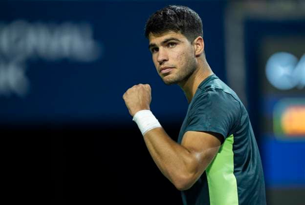 (230810) -- TORONTO, Aug. 10, 2023 -- Carlos Alcaraz of Spain celebrates scoring during a men s singles second round match between Carlos Alcaraz of Spain and Ben Shelton of the United States at the 2023 National Bank Open in Toronto, Canada, on Aug. 9, 2023. (Photo by Xinhua) (SP) CANADA-TORONTO-TENNIS-NATIONAL BANK OPEN-MEN S SINGLES ZouxZheng 