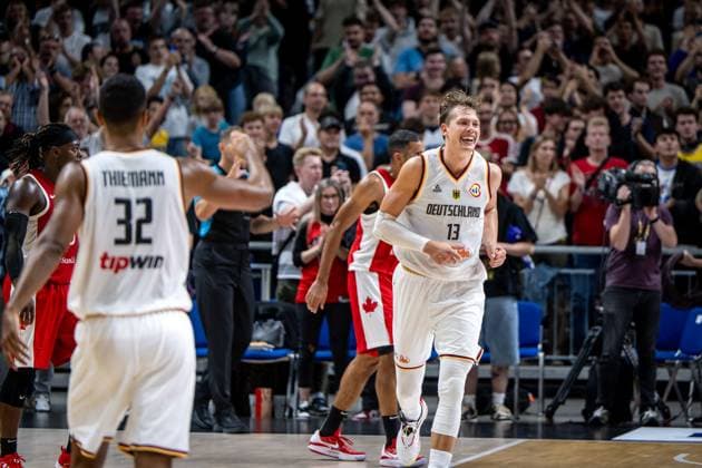Basketball Berlin 09.08.2023 DBB Nationalmannschaft der Männer Länderspiel Testspiel Deutschland (GER) - Kanada (CAN) Moritz Wagner (Deutschland, No.13) Jubel
