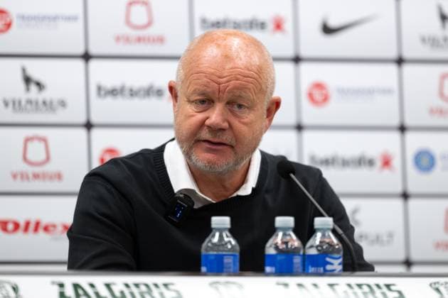 230810 Per-Mathias Hogmo, head coach of Häcken during a press conference, PK, Pressekonferenz after the UEFA Europa League qualifying match between Zalgiris Vilnius and Häcken on August 10, 2023 in Vilnius. Photo: Emma Wallskog BILDBYRAN COP 320 EW0236 fotboll football soccer fotball uefa europa league zalgiris vilnius häcken bbeng Copyright: EMMAxWALLSKOG BB230810EW040