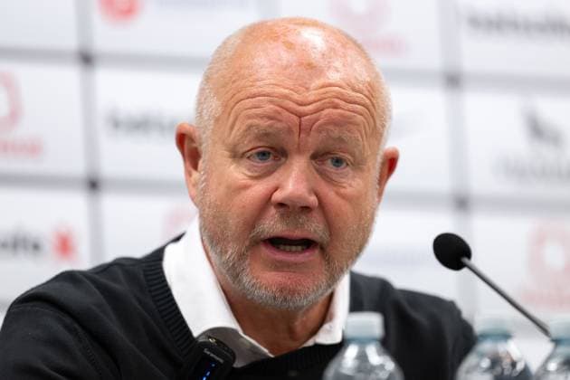 230810 Per-Mathias Hogmo, head coach of Häcken during a press conference, PK, Pressekonferenz after the UEFA Europa League qualifying match between Zalgiris Vilnius and Häcken on August 10, 2023 in Vilnius. Photo: Emma Wallskog BILDBYRAN COP 320 EW0236 fotboll football soccer fotball uefa europa league zalgiris vilnius häcken bbeng Copyright: EMMAxWALLSKOG BB230810EW041