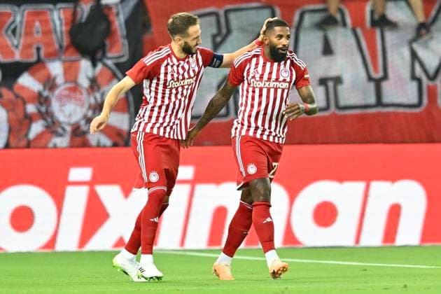 Olympiacos v KRC Genk - UEFA Europa League Qualifying ATHENS, GREECE - AUGUST 10 : Fortounis Kostas forward of Olympiacos and Marcelo De Almeida Rodinei defender of Olympiacos celebrates scoring a goal during the 1st leg match of the UEFA Europa League season 2023 - 2024 third qualifying round between Olympiacos and KRC Genk on August 10, 2023 in Athens, Greece, 10 08 2023 Athens Greece  Copyright: xDhax
