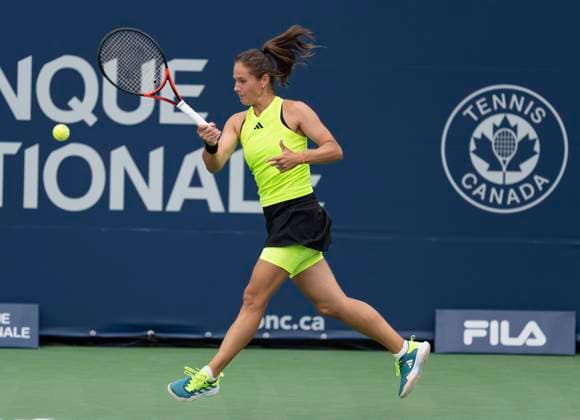 August 10, 2023, MONTREAL, PQ, Canada: Daria Kasatkina of Russia, hits a return to Marie Bouzkova of the Czech Republic, during the National Bank Open tennis tournament in Montreal, Thursday, Aug. 10, 2023. Canada News - August 10, 2023 - ZUMAc35_ 20230810_zaf_c35_065 Copyright: xChristinnexMuschix