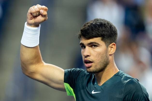 TORONTO, ON - AUGUST 10: Carlos Alcaraz of Spain reacts after winning a point during his third round match of the National Bank Open, part of the Hologic ATP, Tennis Herren Tour, at Sobeys Stadium on August 10, 2023 in Toronto, Canada. (Photo by Julian Avram Icon Sportswire) TENNIS: AUG 10 National Bank Open EDITORIAL USE ONLY Icon2308101440