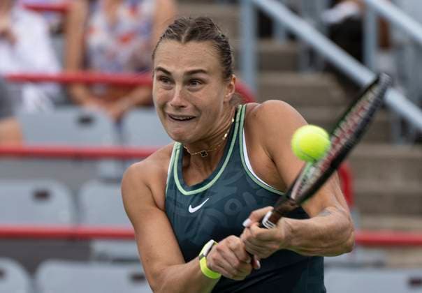 August 11, 2023, MONTREAL, PQ, Canada: Aryna Sabalenka of Belarus hits a return to Liudmila Samsonova of Russia during the National Bank Open tennis tournament in Montreal, Friday, Aug. 11, 2023. Canada News - August 11, 2023  - ZUMAc35_ 20230811_zaf_c35_033 Copyright: xChristinnexMuschix