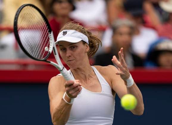 August 11, 2023, MONTREAL, PQ, Canada: Liudmila Samsonova of Russia hits a return to Aryna Sabalenka of Belarus, during the National Bank Open tennis tournament in Montreal, Friday, Aug. 11, 2023. Canada News - August 11, 2023  - ZUMAc35_ 20230811_zaf_c35_035 Copyright: xChristinnexMuschix