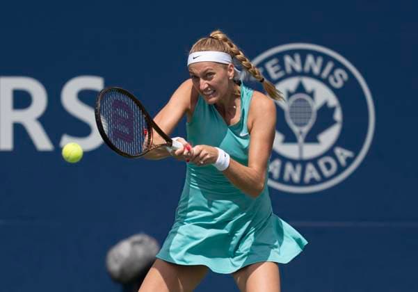 August 11, 2023, MONTREAL, PQ, Canada: Petra Kvitova of the Czech Republic hits a return to Belinda Bencic of Switzerland, during the National Bank Open tennis tournament in Montreal, Friday, Aug. 11, 2023. Canada News - August 11, 2023  - ZUMAc35_ 20230811_zaf_c35_038 Copyright: xChristinnexMuschix
