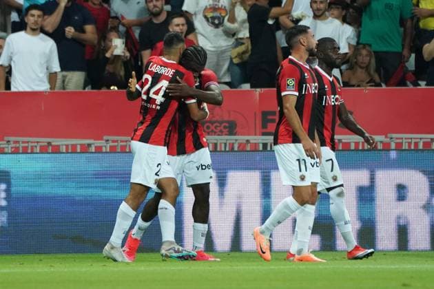 Joie GaÃ«tan Laborde (OGC Nice) - Terem Moffi (OGC Nice) FOOTBALL : OGC Nice vs Lille - Ligue 1 Uber Eats - Nice - 11 08 2023 NorbertScanella Panoramic 