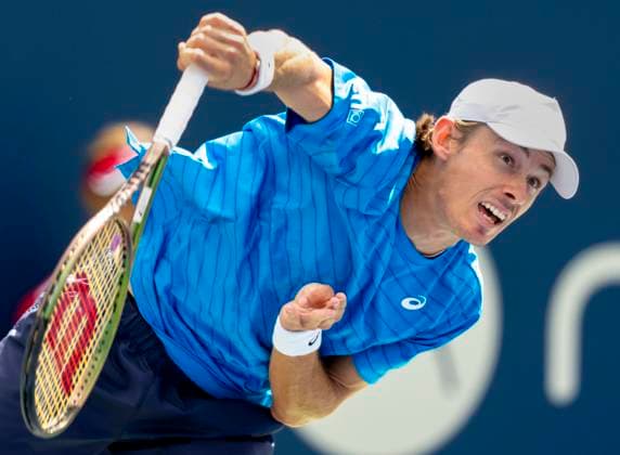 August 11, 2023, TORONTO, ON, Canada: Alex de Minaur of Australia serves to Daniil Medvedev of Russia in quarterfinal tennis action at the National Bank Open in Toronto, Friday, Aug. 11, 2023. Canada News - August 11, 2023  - ZUMAc35_ 20230811_zaf_c35_056 Copyright: xFrankxGunnx