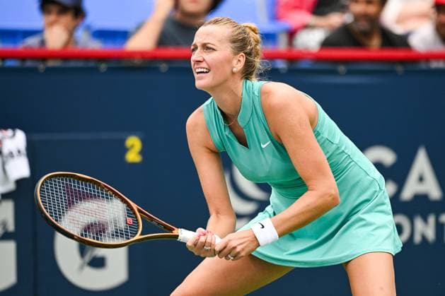 MONTREAL, QC - AUGUST 11: Petra Kvitova (CZE) waits for service during a third round match at WTA, Tennis Damen National Bank Open on August 11, 2023 at IGA Stadium in Montreal, QC (Photo by David Kirouac Icon Sportswire) TENNIS: AUG 11 National Bank Open EDITORIAL USE ONLY Icon230811022