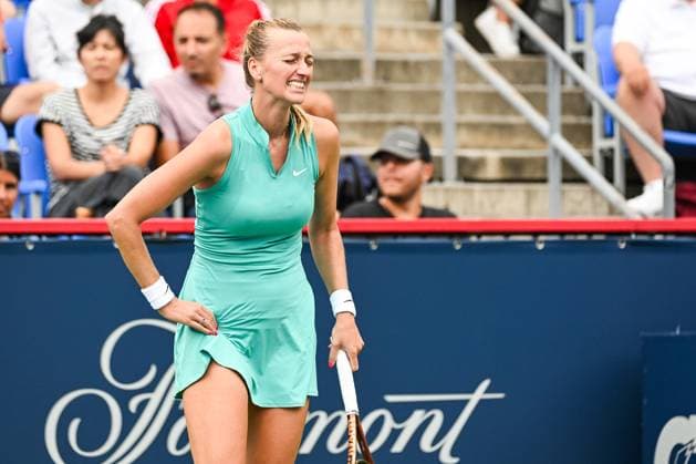 MONTREAL, QC - AUGUST 11: Petra Kvitova (CZE) shows signs of pain during a third round match at WTA, Tennis Damen National Bank Open on August 11, 2023 at IGA Stadium in Montreal, QC (Photo by David Kirouac Icon Sportswire) TENNIS: AUG 11 National Bank Open EDITORIAL USE ONLY Icon230811025