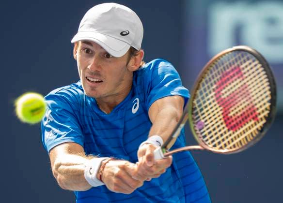 August 11, 2023, TORONTO, ON, Canada: Alex de Minaur of Australia hits a return on his way to defeating Daniil Medvedev of Russia in quarterfinal tennis action at the National Bank Open in Toronto, Friday, Aug. 11, 2023. Canada News - August 11, 2023  - ZUMAc35_ 20230811_zaf_c35_081 Copyright: xFrankxGunnx