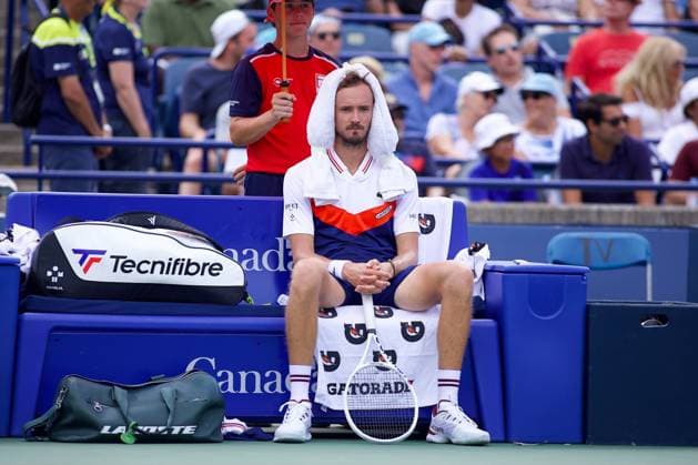 Daniil Medvedev of Russia takes a break during his men s quarter final match against Alex de Minaur of Australia on day seven of the 2023 National Bank Open at Sobeys Arena on August 11, 2023 in Toronto, Ontario, Canada. Noxthirdxpartyxsales  (226193990)