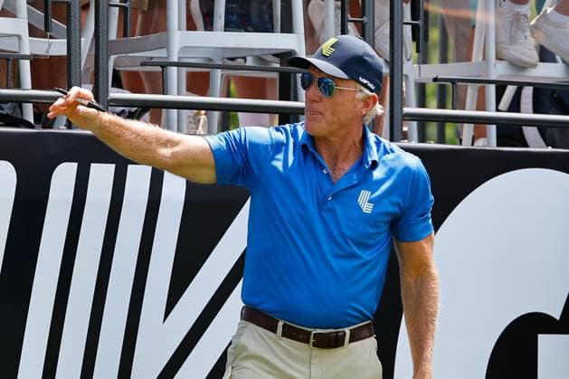 BEDMINSTER, NJ - AUGUST 11: Greg Norman the CEO of LIV Golf at the 1st tee during LIV Golf Bedminster- round 1 on August 11, 2023 at Trump National Golf Club in Bedminster, New Jersey. (Photo by Rich Graessle Icon Sportswire) GOLF: AUG 11 LIV Golf Bedminster EDITORIAL USE ONLY Icon23081122272