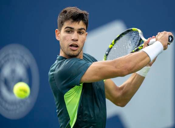 August 11, 2023, TORONTO, ON, Canada: Carlos Alcaraz of Spain hits a return to Tommy Paul of the USA in quarterfinal tennis action at the National Bank Open in Toronto, Friday, Aug. 11, 2023. Canada News - August 11, 2023  - ZUMAc35_ 20230811_zaf_c35_103 Copyright: xFrankxGunnx