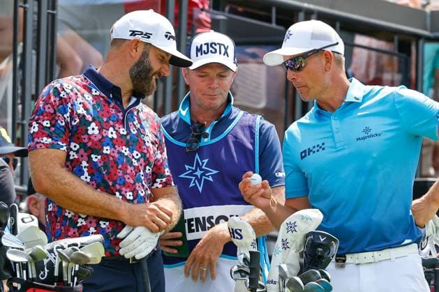 BEDMINSTER, NJ - AUGUST 11: Dustin Johnson of 4 Aces GC and Henrik Stenson of Majesticks GC at the 1st tee during LIV Golf Bedminster- round 1 on August 11, 2023 at Trump National Golf Club in Bedminster, New Jersey. (Photo by Rich Graessle Icon Sportswire) GOLF: AUG 11 LIV Golf Bedminster EDITORIAL USE ONLY Icon23081122311