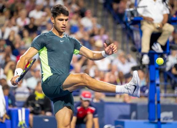 August 11, 2023, TORONTO, ON, Canada: Carlos Alcaraz of Spain kicks the ball after hitting a volley into the net during his loss to Tommy Paul of the USA in quarterfinal tennis action at the National Bank Open in Toronto, Friday, Aug. 11, 2023. Canada News - August 11, 2023  - ZUMAc35_ 20230811_zaf_c35_125 Copyright: xFrankxGunnx