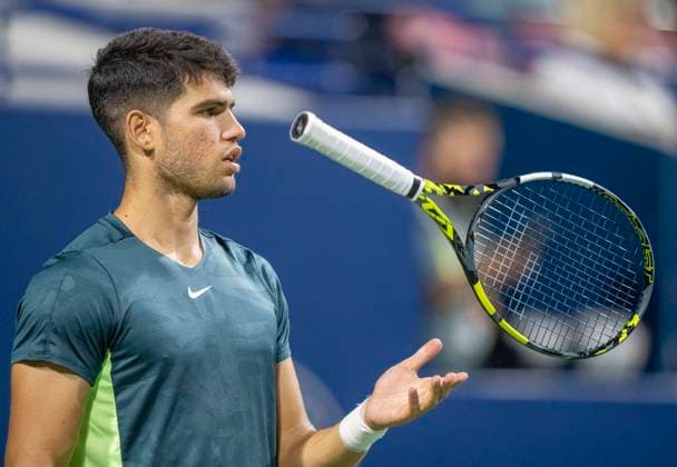 August 11, 2023, TORONTO, ON, Canada: Carlos Alcaraz of Spain flips his racket during his loss to Tommy Paul of the USA in quarterfinal tennis action at the National Bank Open in Toronto, Friday, Aug. 11, 2023. Canada News - August 11, 2023  - ZUMAc35_ 20230811_zaf_c35_126 Copyright: xFrankxGunnx