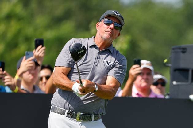BEDMINSTER, NJ - AUGUST 11: Phil Mickelson of Highflyers GC tees off at the 9th tee during LIV Golf Bedminster- round 1 on August 11, 2023 at Trump National Golf Club in Bedminster, New Jersey. (Photo by Rich Graessle Icon Sportswire) GOLF: AUG 11 LIV Golf Bedminster EDITORIAL USE ONLY Icon23081122329
