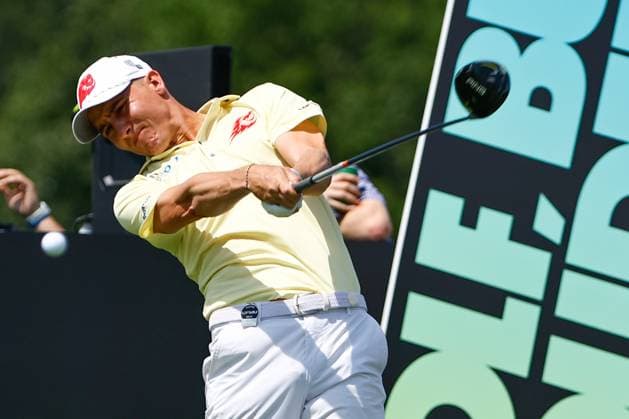 BEDMINSTER, NJ - AUGUST 11: Carlos Ortiz of Fireballs GC tees off at the 9th tee during LIV Golf Bedminster- round 1 on August 11, 2023 at Trump National Golf Club in Bedminster, New Jersey. (Photo by Rich Graessle Icon Sportswire) GOLF: AUG 11 LIV Golf Bedminster EDITORIAL USE ONLY Icon23081122352