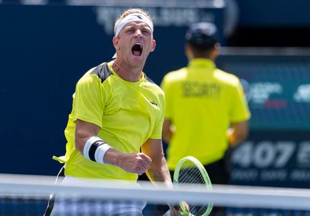 (230812) -- TORONTO, Aug. 12, 2023 -- Alejandro Davidovich Fokina celebrates during the men s singles quarterfinal match between Alejandro Davidovich Fokina of Spain and Mackenzie McDonald of the United States at the National Bank Open tennis tournament in Toronto, Canada, Aug. 11, 2023. (Photo by Xinhua) (SP)CANADA-TORONTO-TENNIS-NATIONAL BANK OPEN-MEN S SINGLES ZouxZheng 