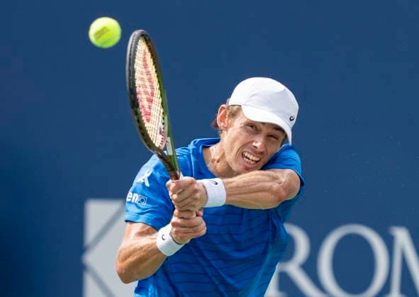 (230812) -- TORONTO, Aug. 12, 2023 -- Alex De Minaur hits a return during the men s singles quarterfinal match between Daniil Medvedev of Russia and Alex De Minaur of Australia at the National Bank Open tennis tournament in Toronto, Canada, Aug. 11, 2023. (Photo by Xinhua) (SP)CANADA-TORONTO-TENNIS-NATIONAL BANK OPEN-MEN S SINGLES ZouxZheng 