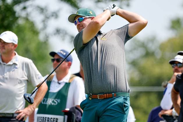 BEDMINSTER, NJ - AUGUST 12: Bernd Wiesberger of Cleeks GC tees off at the 2nd tee to start round 2 of LIV Golf Bedminster on August 12, 2023 at Trump National Golf Club in Bedminster, New Jersey. (Photo by Rich Graessle Icon Sportswire) GOLF: AUG 12 LIV Golf Bedminster EDITORIAL USE ONLY Icon23081222455