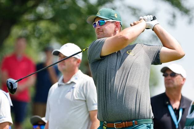 BEDMINSTER, NJ - AUGUST 12: Bernd Wiesberger of Cleeks GC tees off at the 2nd tee to start round 2 of LIV Golf Bedminster on August 12, 2023 at Trump National Golf Club in Bedminster, New Jersey. (Photo by Rich Graessle Icon Sportswire) GOLF: AUG 12 LIV Golf Bedminster EDITORIAL USE ONLY Icon23081222460