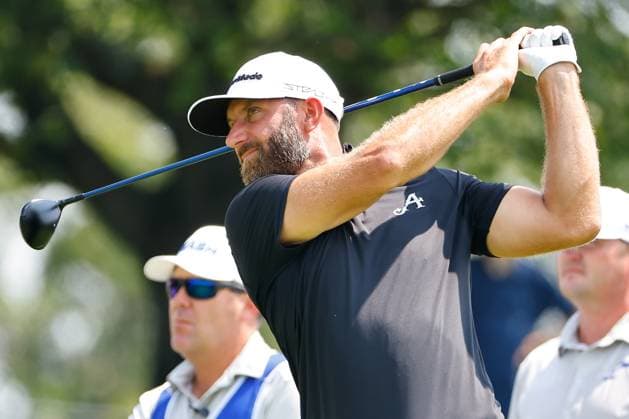 BEDMINSTER, NJ - AUGUST 12: Dustin Johnson of Aces GC tees off at the 2nd tee to start round 2 of LIV Golf Bedminster on August 12, 2023 at Trump National Golf Club in Bedminster, New Jersey. (Photo by Rich Graessle Icon Sportswire) GOLF: AUG 12 LIV Golf Bedminster EDITORIAL USE ONLY Icon23081222466