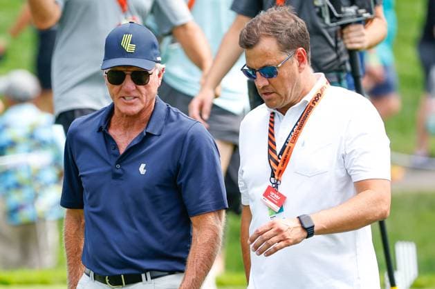 BEDMINSTER, NJ - AUGUST 12: Greg Norman CEO of LIV Golf and F1 Managing Dir of Commercial Brandon Snow during round 2 of LIV Golf Bedminster on August 12, 2023 at Trump National Golf Club in Bedminster, New Jersey. (Photo by Rich Graessle Icon Sportswire) GOLF: AUG 12 LIV Golf Bedminster EDITORIAL USE ONLY Icon23081222471