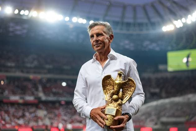 Nice, France, 11th August 2023. Former player and Coach Claude Puel holds his Golden Eagle award from the club prior to kick off in the Ligue 1 match at Allianz Riviera Stadium, Nice. Picture credit should read: Jonathan Moscrop Sportimage EDITORIAL USE ONLY. No use with unauthorised audio, video, data, fixture lists, club league logos or live services. Online in-match use limited to 120 images, no video emulation. No use in betting, games or single club league player publications. SPI-2504-0038