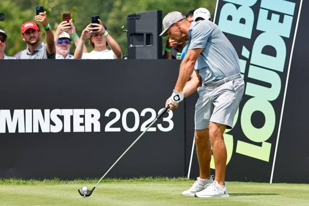 BEDMINSTER, NJ - AUGUST 12: Bryson DeChambeau of Crushers GC tees off at the 9th tee during round 2 of LIV Golf Bedminster on August 12, 2023 at Trump National Golf Club in Bedminster, New Jersey. (Photo by Rich Graessle Icon Sportswire) GOLF: AUG 12 LIV Golf Bedminster EDITORIAL USE ONLY Icon23081222504