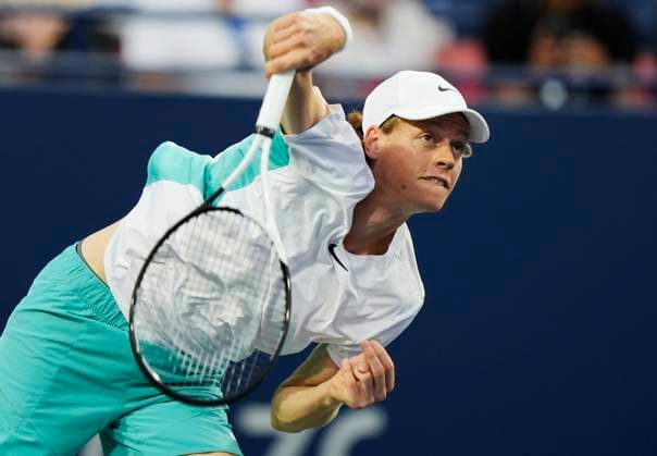 August 12, 2023, TORONTO, ON, Canada: Jannik Sinner of Italy serves to Tommy Paul of the USA during semifinal tennis action at the National Bank Open in Toronto on Saturday, Aug. 12, 2023. Canada News - August 12, 2023  - ZUMAc35_ 20230812_zaf_c35_070 Copyright: xFrankxGunnx