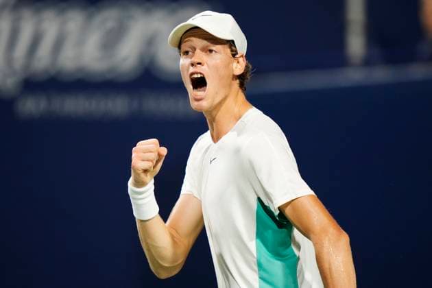 August 12, 2023, TORONTO, ON, Canada: Jannik Sinner of Italy celebrates a point against Tommy Paul of the USA during semifinal tennis action at the National Bank Open in Toronto on Saturday, Aug. 12, 2023. Canada News - August 12, 2023  - ZUMAc35_ 20230812_zaf_c35_095 Copyright: xFrankxGunnx