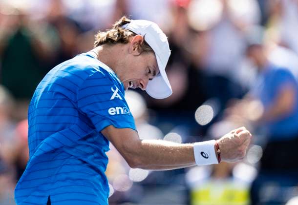 (230813) -- TORONTO, Aug. 13, 2023 -- Alex De Minaur celebrates after the men s singles semifinal match between Alejandro Davidovich Fokina of Spain and Alex De Minaur of Australia at the 2023 National Bank Open in Toronto, Canada, on Aug. 12, 2023. (Photo by Xinhua) (SP)CANADA-TORONTO-TENNIS-NATIONAL BANK OPEN-MEN S SINGLES ZouxZheng 
