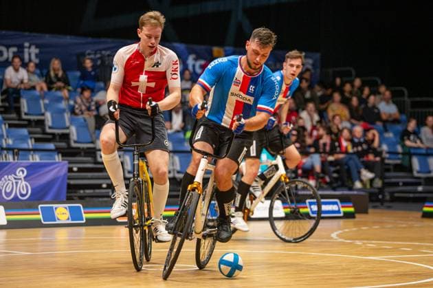 Sport Themen der Woche KW32 Sport Bilder des Tages 2023 UCI Cycling World Championships Glasgow, indoor cycling, cycle-ball, cycling, Czech national team, Nationalteam Radek Adam, Tomas Horak, on August 12, 2023, Glasgow, Britain. (CTKxPhoto JanxBrychta) CTKPhotoF202308120035901  CTKPhotoF202308120035901