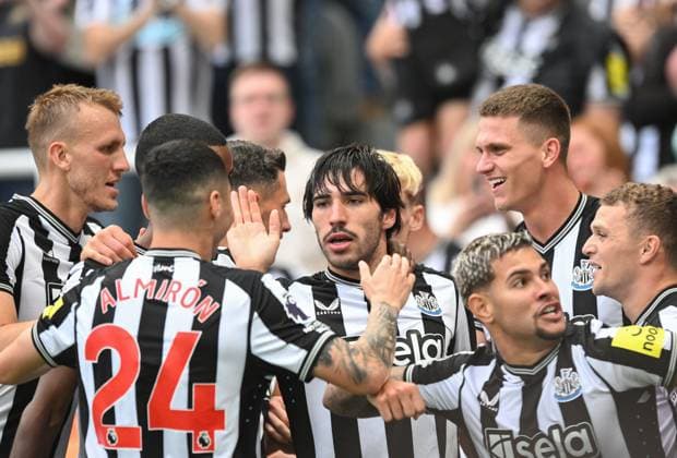 Mandatory Credit: Photo by Richard Lee Shutterstock (14050460dw) Sandro Tonali of Newcastle United (centre) celebrates scoring their first goal with team mates Newcastle United v Aston Villa, Premier League, Football, St. James Park, Newcastle, UK - 12 Aug 2023 EDITORIAL USE ONLY No use with unauthorised audio, video, data, fixture lists, club league logos or live services. Online in-match use limited to 120 images, no video emulation. No use in betting, games or single club league player publications. Newcastle United v Aston Villa, Premier League, Football, St. James Park, Newcastle, UK - 12 Aug 2023 EDITORIAL USE ONLY No use with unauthorised audio, video, data, fixture lists, club league logos or live services. Online in-match use limited to 120 images, no video emulation. No use in betting, games or single club league player publications. Copyright: xRichardxLee Shutterstockx 14050460dw