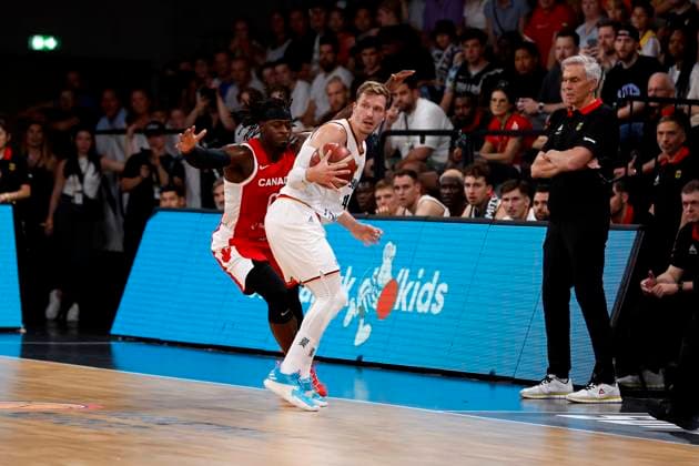 13.08.2023, Deutscher Basketball Bund, Supercup 2023, Hamburg, edel-optics.de Arena, Finale, Deutschland - Kanada, Anderas Obst (GER, No42), Luguentz Dort (CAN, No0) Hamburg edel-optics.de Arena Hamburg Germany