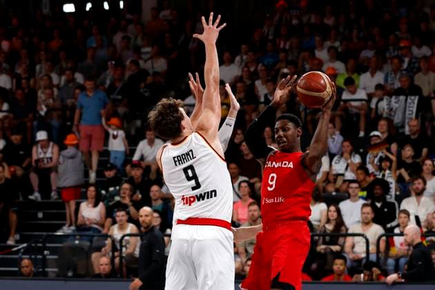 13.08.2023, Deutscher Basketball Bund, Supercup 2023, Hamburg, edel-optics.de Arena, Finale, Deutschland - Kanada, Rj Barrett, (CAN, No9), Franz Wagner (GER, No9) Hamburg edel-optics.de Arena Hamburg Germany