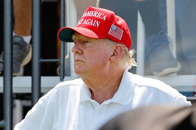 BEDMINSTER, NJ - AUGUST 13: Former President Donald J. Trump at the first tee during the final round of LIV Golf Bedminster on August 13, 2023 at Trump National Golf Club in Bedminster, New Jersey. (Photo by Rich Graessle Icon Sportswire) GOLF: AUG 13 LIV Golf Bedminster EDITORIAL USE ONLY Icon23081422519