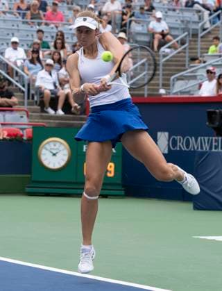 August 13, 2023, MONTREAL, PQ, Canada: Liudmila Samsonova of Russia, hits a return to Elena Rybakina of Kazakhstan, during semifinal action at the National Bank Open tennis tournament in Montreal, Sunday, Aug. 13, 2023. Canada News - August 13, 2023 - ZUMAc35_ 20230813_zaf_c35_012 Copyright: xChristinnexMuschix