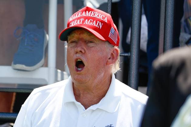 BEDMINSTER, NJ - AUGUST 13: Former President Donals J. Trump Cheers for golfers at the first tee during the final round of LIV Golf Bedminster on August 13, 2023 at Trump National Golf Club in Bedminster, New Jersey. (Photo by Rich Graessle Icon Sportswire) GOLF: AUG 13 LIV Golf Bedminster EDITORIAL USE ONLY Icon23081422541