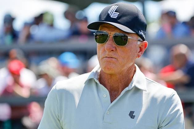 BEDMINSTER, NJ - AUGUST 13: Greg Norman LIV Golf CEO at the first tee during the final round of LIV Golf Bedminster on August 13, 2023 at Trump National Golf Club in Bedminster, New Jersey. (Photo by Rich Graessle Icon Sportswire) GOLF: AUG 13 LIV Golf Bedminster EDITORIAL USE ONLY Icon23081322572