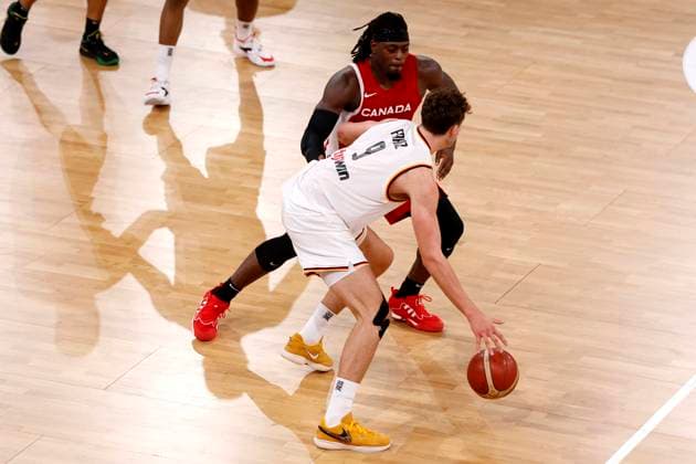 13.08.2023, Deutscher Basketball Bund, Supercup 2023, Hamburg, edel-optics.de Arena, Finale, Deutschland - Kanada, Franz Wagner (GER, No9), Luguentz Dort (CAN, No0) Hamburg edel-optics.de Arena Hamburg Germany