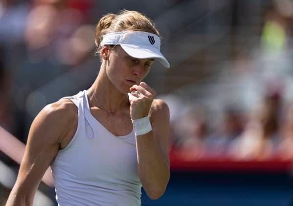 August 13, 2023, MONTREAL, PQ, Canada: Liudmila Samsonova of Russia, reacts during her game against Elena Rybakina of Kazakhstan, during semifinal action at the National Bank Open tennis tournament in Montreal, Sunday, Aug. 13, 2023. Canada News - August 13, 2023 - ZUMAc35_ 20230813_zaf_c35_036 Copyright: xChristinnexMuschix