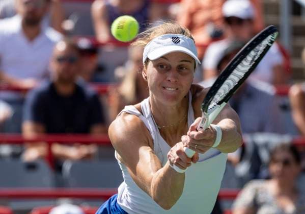 August 13, 2023, MONTREAL, PQ, Canada: Liudmila Samsonova of Russia, hits a return to Elena Rybakina of Kazakhstan, during semifinal action at the National Bank Open tennis tournament in Montreal, Sunday, Aug. 13, 2023. Canada News - August 13, 2023 - ZUMAc35_ 20230813_zaf_c35_041 Copyright: xChristinnexMuschix