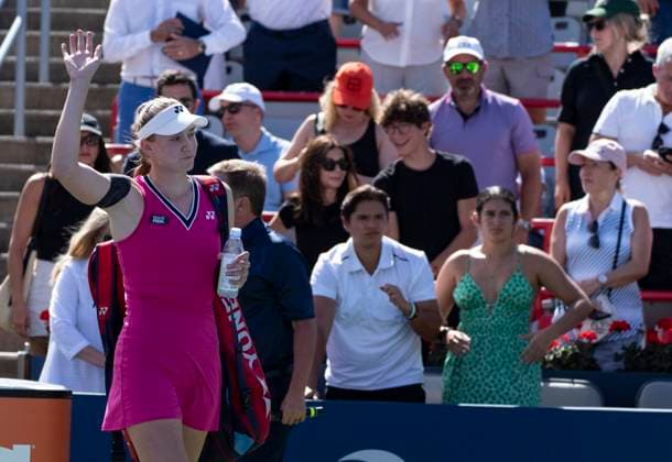 August 13, 2023, MONTREAL, PQ, Canada: Elena Rybakina of Kazakhstan, waves as she walks off the court following her loss to Liudmila Samsonova of Russia, during semifinal action at the National Bank Open tennis tournament in Montreal, Sunday, Aug. 13, 2023. Canada News - August 13, 2023 - ZUMAc35_ 20230813_zaf_c35_042 Copyright: xChristinnexMuschix